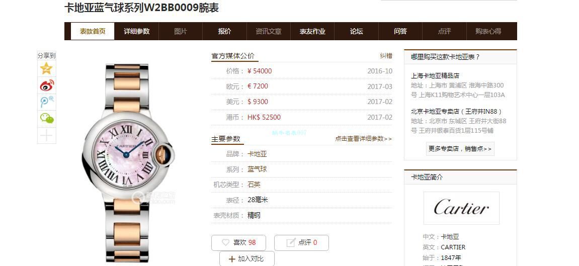 V6 Factory V7版本复刻高仿手表 Cartier  蓝气球28毫米W2BB0009女装 / K287