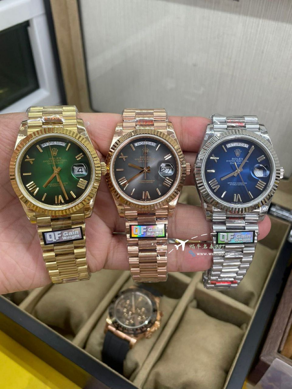 QF Rolex DD Day-Date  Adding weight 版本复刻高仿罗马烟熏绿m228238-0069，渐变蓝m228236-0024，渐变灰m228235-0055 / R857