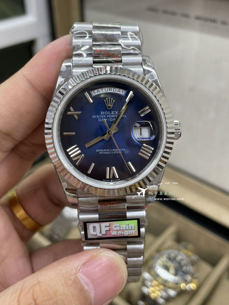 QF Rolex DD Day-Date  Adding weight 版本复刻高仿罗马烟熏绿m228238-0069，渐变蓝m228236-0024，渐变灰m228235-0055 / R857
