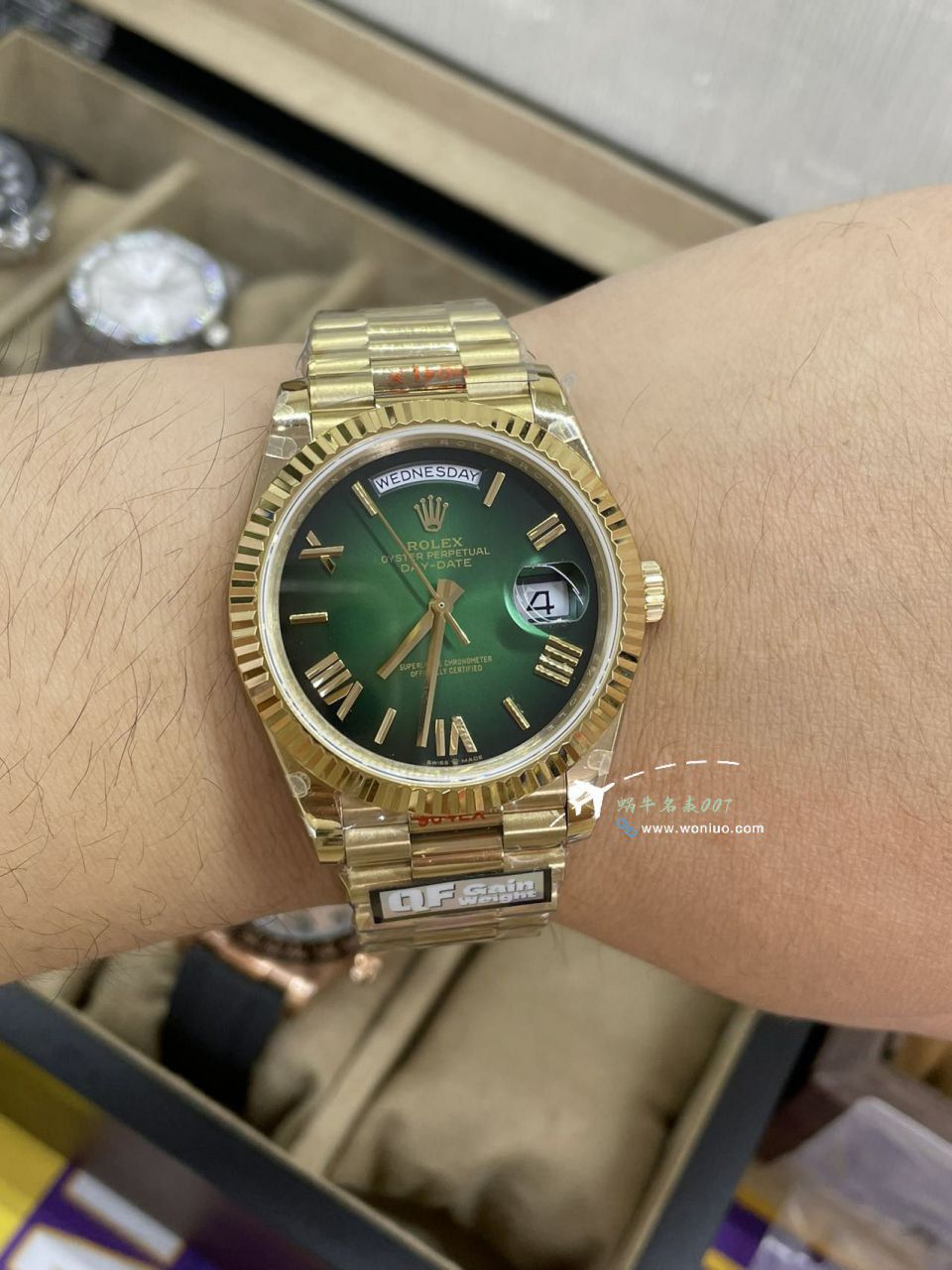 QF Rolex DD Day-Date  Adding weight 版本复刻高仿罗马烟熏绿m228238-0069，渐变蓝m228236-0024，渐变灰m228235-0055 / R857